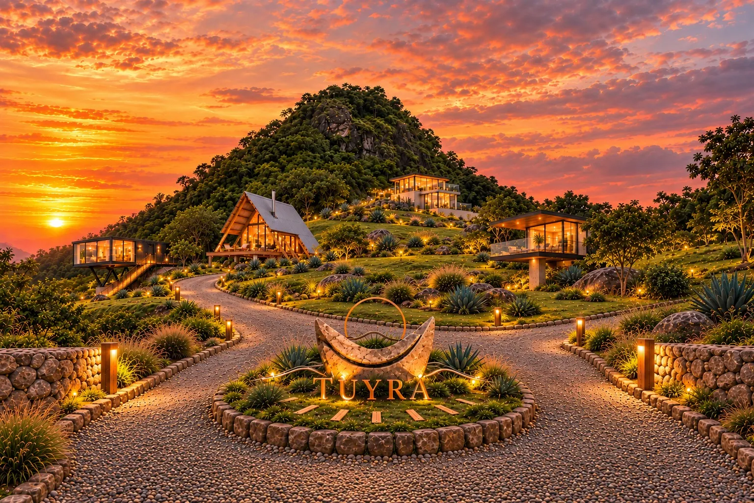 Visión de Tuyra: entrada con el reloj solar y cabañas en la ladera al atardecer